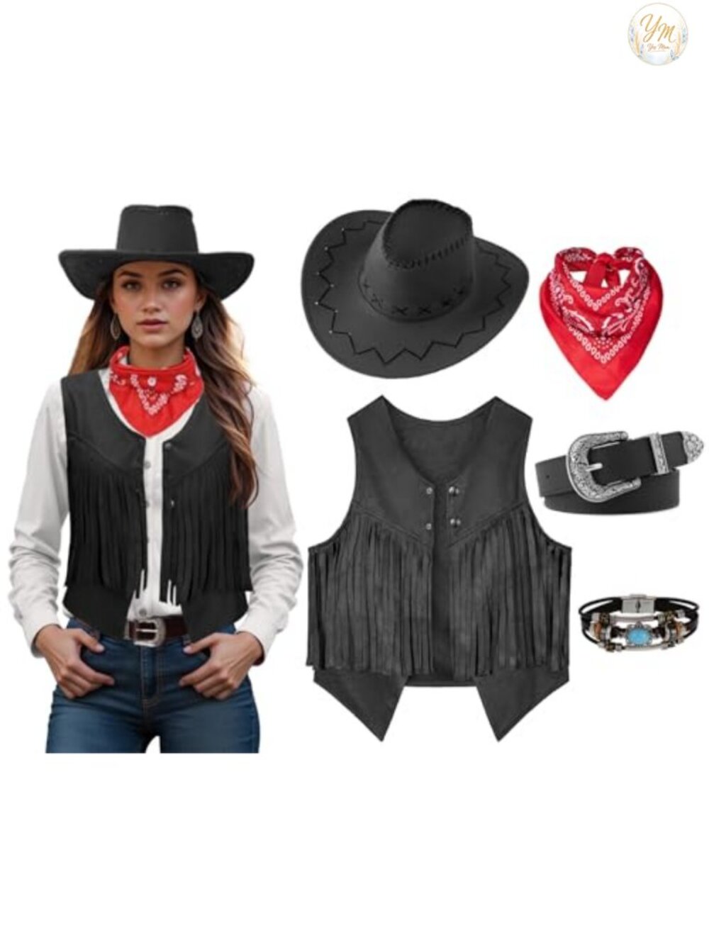 Tassels Fringe Vest Western Hat Belt Scarf Bracelet Set Cowgirl Cowboy Costume